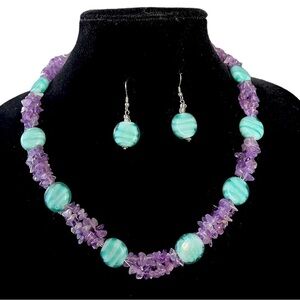 Handmade Artisan Amethyst and Glass Necklace with Matching Earrings